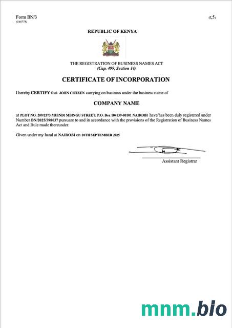 Kenya vcertyfikat of inkorporacja Word i szablon PDF, version 2